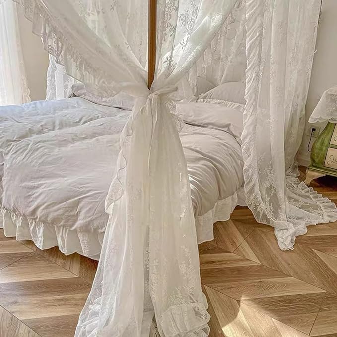 Elegant Lace Princess 4 Corner Post Mosquito Net Romantic for Girls Women Bed Curtain Canopy for Adult Wedding Bedroom Kids Rooms Decoration (Type3-Beige-White, California King)