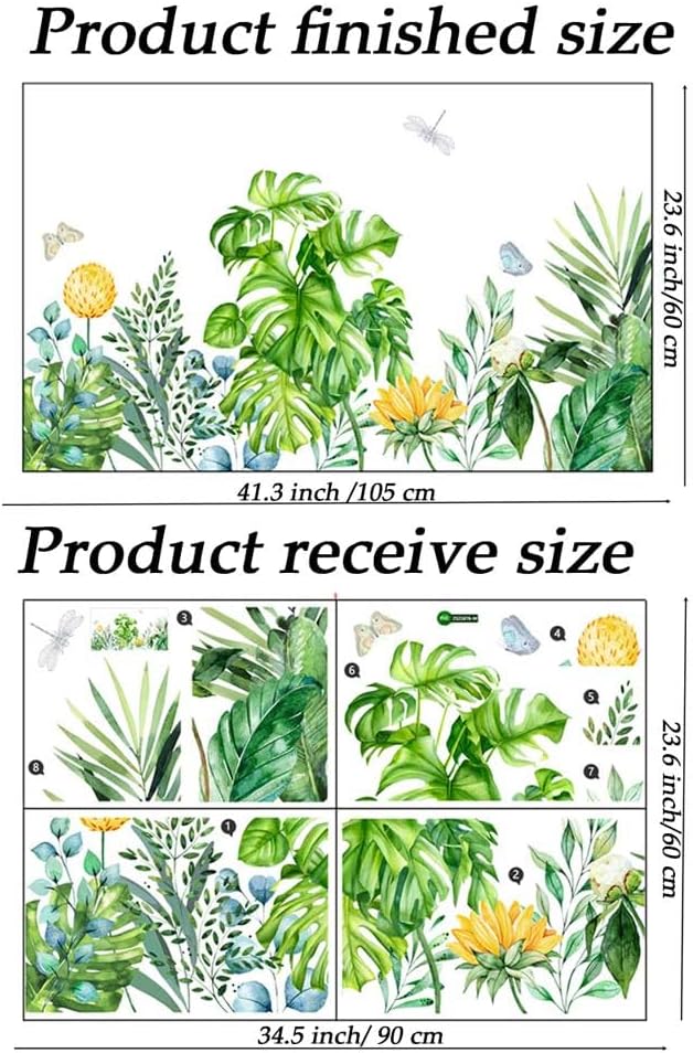 Boho Tropical Plants Wall Decals Peel and Stick Removable Art Wall Murals Natural Jungle Palm Leaf Green Wall Stickers Posters for Bedroom Bathroom Living Room TV Kitchen