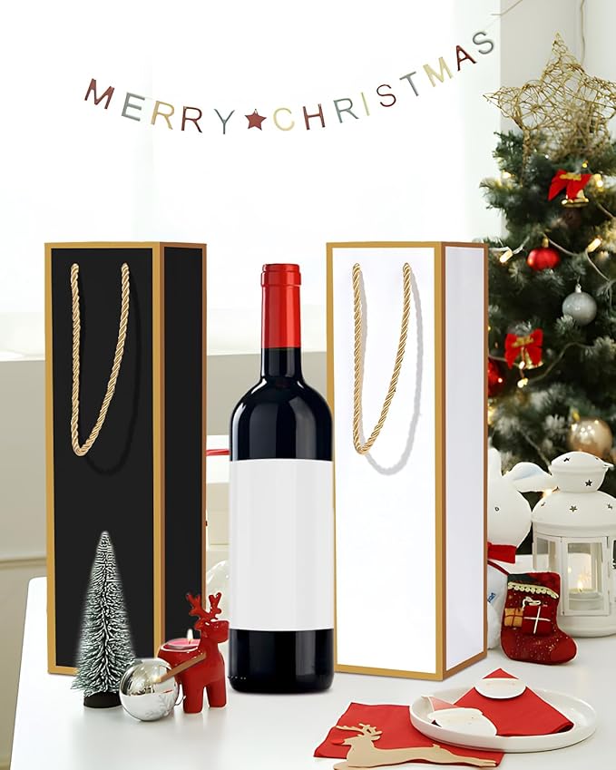 Megitzuu 12 Pack Wine Bottle Gift Bags - Wine Bags with Gold Foil Design, Reusable Bottle Totes for Fathers Day, 13.8"x4"x4" Kraft Paper Wine Bag with Handles for Birthday Party Wedding Bridal Shower