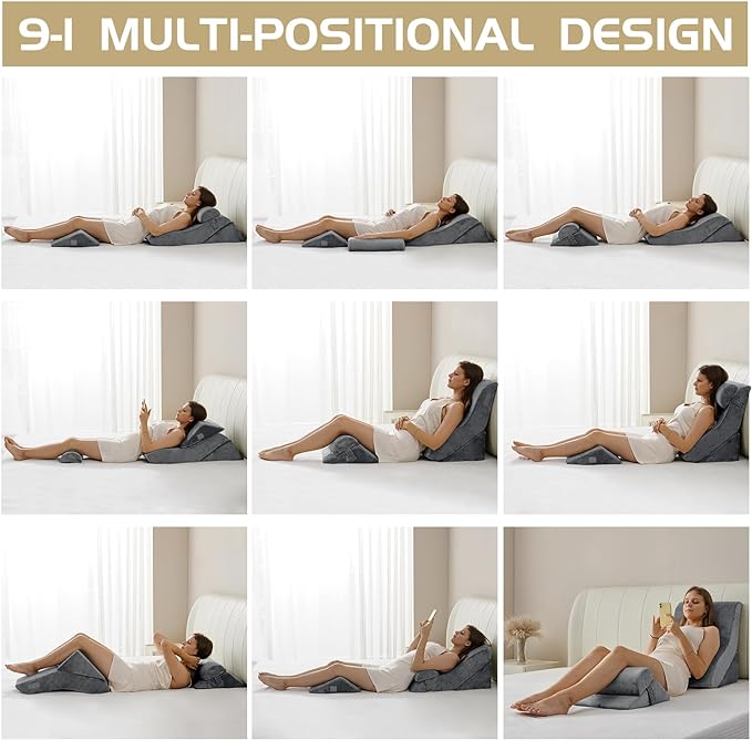 Qirroboni 4PCS Orthopedic Bed Wedge Pillow Set, Adjustable Pillows for Neck, Back and Leg Pain Relief Comfortable & Post Surgery Foam - Heartburn, Anti Snoring, Acid Reflux & GERD Sleeping Light Grey