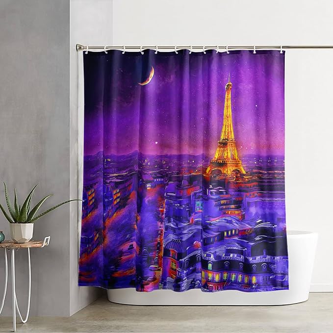 AILONEN Paris Tower Shower Curtain,Purple Glowing City Waterproof Fabric Shower Curtain for Girls Boys Kids Teens, 60" W*72" H Night Eiffel Tower Oil Painting Shower Curtain
