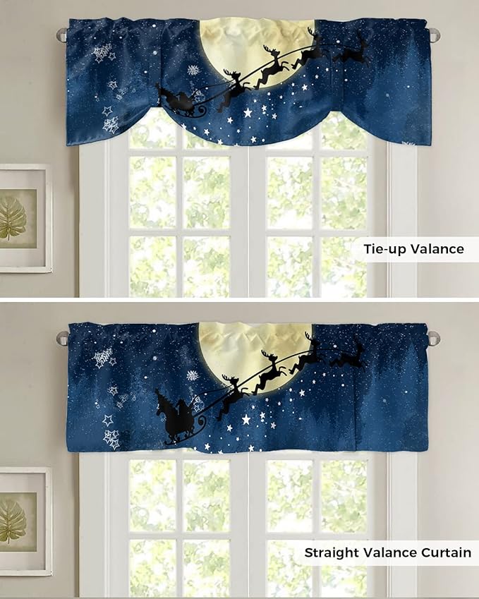 Christmas Blackout Tie Up Valance Curtains for Kitchen Windows Santa Claus Reindeer Window Toppers Balloon Shades for Living Room/Bathroom/Bedroom,1 Panel,42" X 18" Blue Snowy Night
