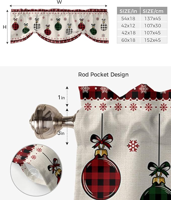 Christmas Blackout Tie Up Valance Curtains for Kitchen Windows Vintage Buffalo Plaid Christmas Balls Window Toppers Balloon Shades for Living Room/Bathroom/Bedroom,1 Panel,60" X 18" Farmhouse