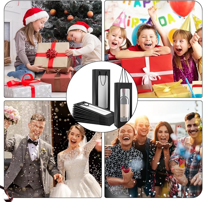 ALMOXVYE 34 Pack Wine Gift Bags with Handles, 14.2 x 4.9 x 3.4 Inch Paper Wine Bottle Bags with Clear Window, Black Wine Bags Bulk for Christmas Wedding Birthday Anniversary