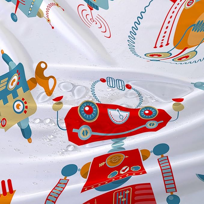 AILONEN Kawaii Robots Shower Curtain,Cartoon Robot Waterproof Fabric Shower Curtain Set for Boys Teens Kids, 72" W*72" H Watercolor Robot Bathroom Decors