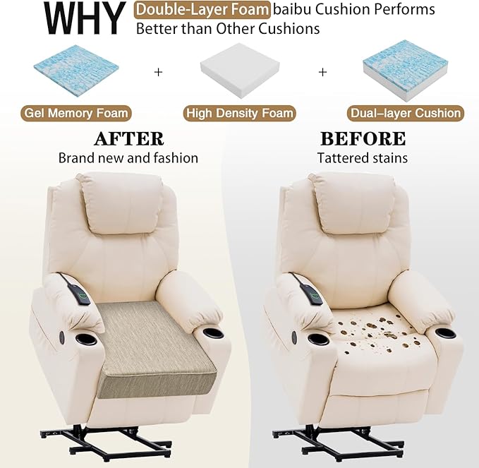baibu 18"x 18"x 4" Dual-Layer Gel Memory Foam Chair Seat Cushion for Recliners, Couches, Armchairs, Extra Large Non-Slip Chair Cushions for Seniors, Washable, Beige