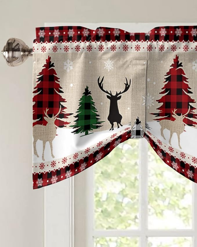 Farmhouse Christmas Blackout Tie Up Valance Curtains for Kitchen Windows Rustic Plaid Christmas Tree Snowflakes Window Toppers Balloon Shades for Living Room/Bathroom/Bedroom,60" X 18" Red Green Black