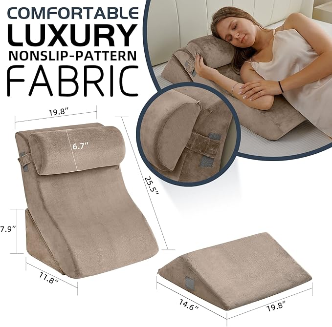 Qirroboni 4PCS Orthopedic Bed Wedge Pillow Set, Adjustable Pillows for Neck, Back and Leg Pain Relief Comfortable & Post Surgery Foam - Heartburn, Anti Snoring, Acid Reflux & GERD Sleeping Brown