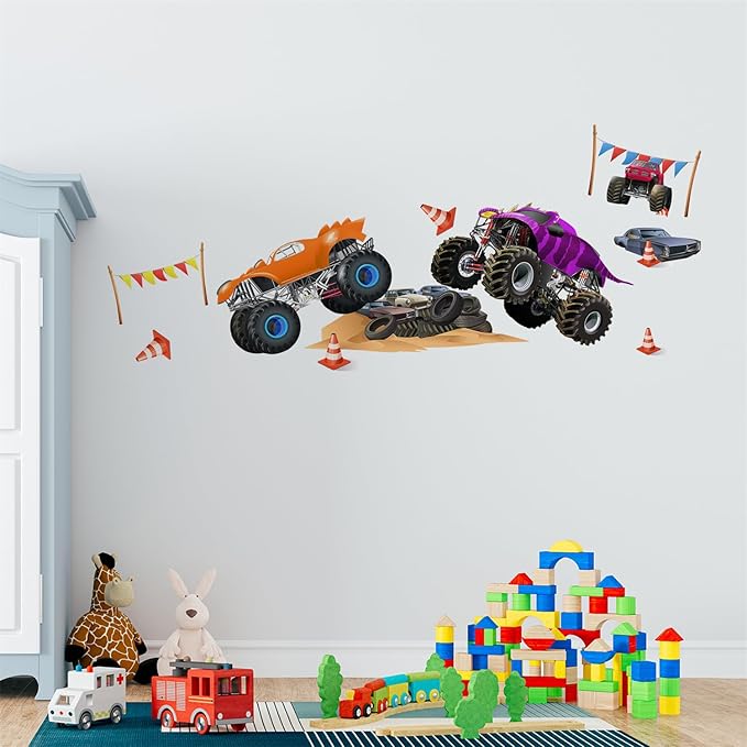 Racing Car Wall Stickers Monster Truck Vehicles Peel and Stick Wall Art Decals for Boys Room Kids Bedroom Playroom (Style1)
