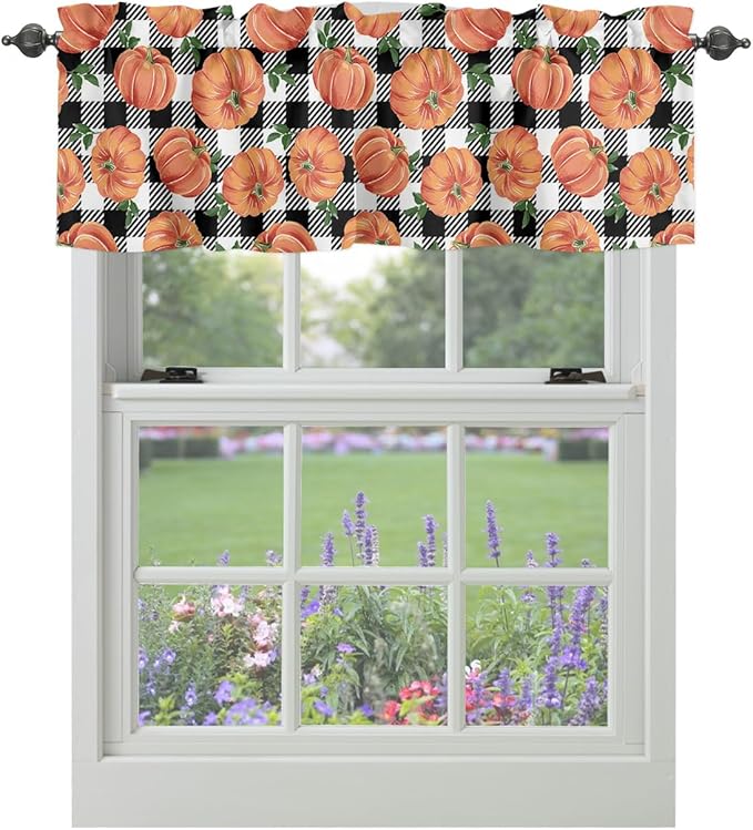Fall Kitchen Curtains Valances for Windows Thanksgiving Halloween Pumpkins Rod Pocket Window Treatment for Kitchen /Living Room/Bedroom/ Bathroom,60" X 18"-1 Panel, Farmhouse Black White Buffalo Plaid