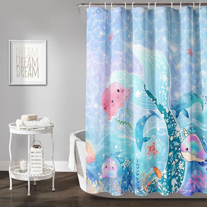 AILONEN Mermaid Tail Shower Curtain Set, Beautiful Glitter Mermaid Tail Cloth Bath Curtain for Bathroom,Cute Whale Jellyfish Polyester Waterproof Shower Curtain with Hooks,72" Wx96 H