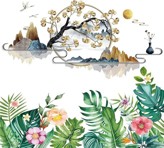 Flowers Wall Decals Vinyl Ancient Style Flowers Wall Stickers Ginkgo Landscape Painting Stickers Spring Flower Tree Branch Window Clings for Kids Room Nursery Living Room Kitchen Decor Gifts (#3)