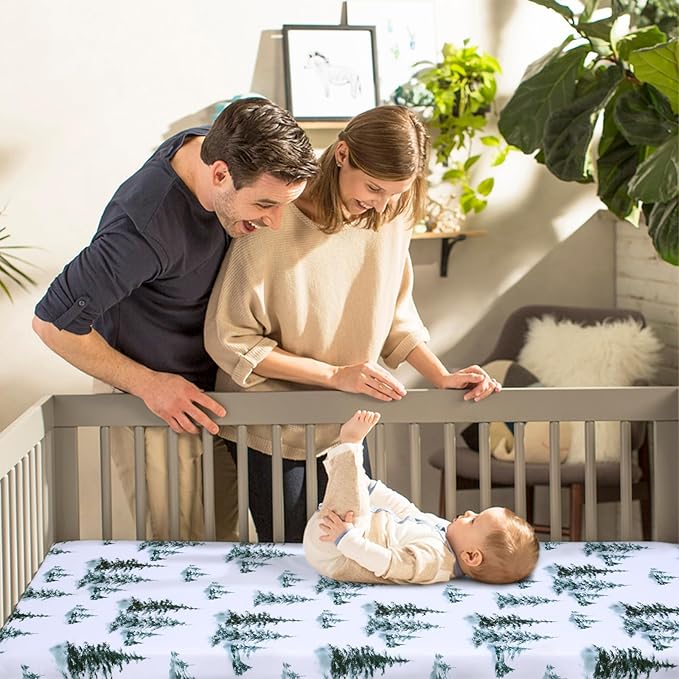 JISEN Fitted Crib Sheets 1 Piece Soft Breathable Baby Crib Sheets for Standard Crib and Toddler Mattress Baby Bed Sheets for Crib for Baby Boys Girls Neutral 28x52 Inch Woodland