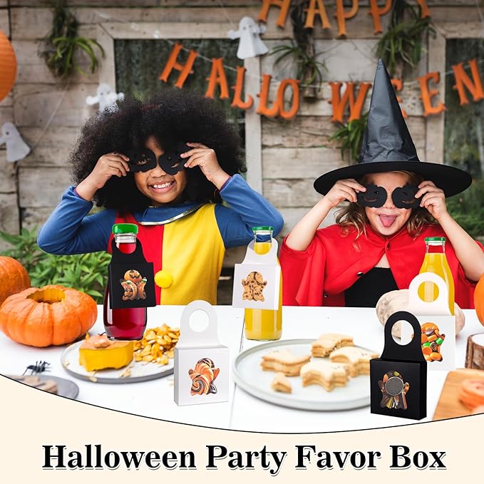 Megitzuu 30PCS Wine Bottle Box with Window, Kraft Paper Wine Boxes for Halloween Gifts Hanging Pumpkin Treat Box Mini Charcuterie Boxes Wine Bottles Gift Bags Goodies Candy Box Party Favor (Ghost)