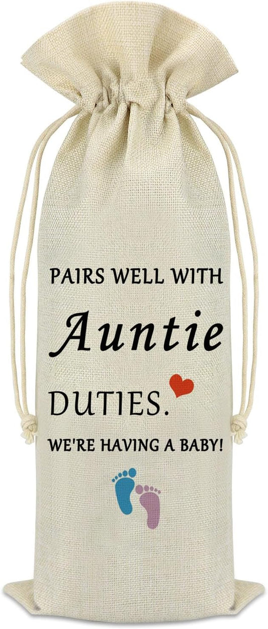 Pregnancy Announcement for Aunt Wine Bag Promoted to Auntie Gift New Auntie Gift Ideas Pregnancy Announcements for Sister Bestie Christmas Birthday Gift Burlap Wine Bottle Cover First Time Auntie Gift