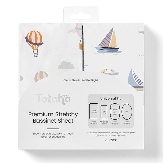 TotAha Premium Stretchy Bassinet Cradle Sheets (2-Pack) -Hypoallergenic, Silky Comfort, Buttery Soft, Calming Effect, All-Season Jersey-Knit Sheets, 32 X 16 X 3''(Air Balloon & Sailboat)