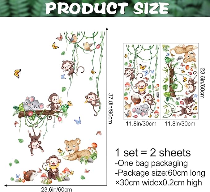 Safari Monkey Climbing Tree Wall Stickers Jungle Animals Vine Leaves Wall Stickers Vinyl Sloth Leopard Butterfly Plants Mural Art Decor for Kids Baby Nursery Bedroom Living Room Sofa TV Wall