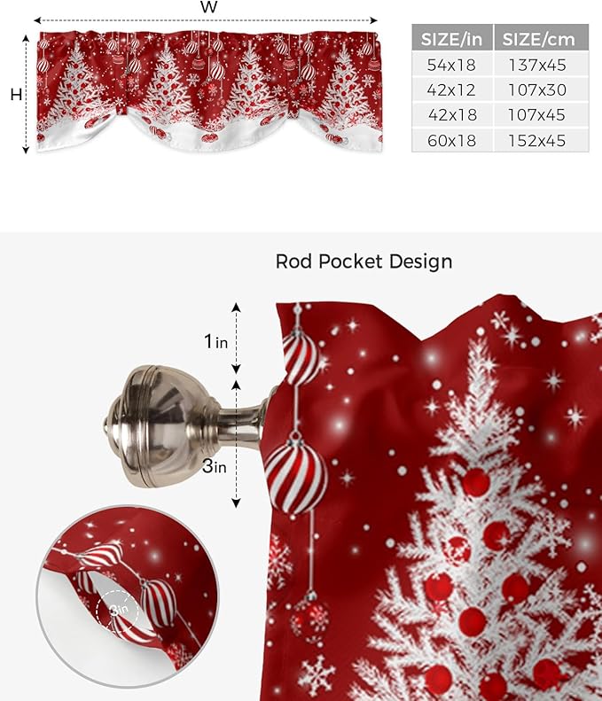 Red Christmas Blackout Tie Up Valance Curtains for Kitchen Windows White Xmas Tree Snowflakes Red Balls Window Toppers Balloon Shades for Living Room/Bathroom/Bedroom,1 Panel, 42" X 12", Winter