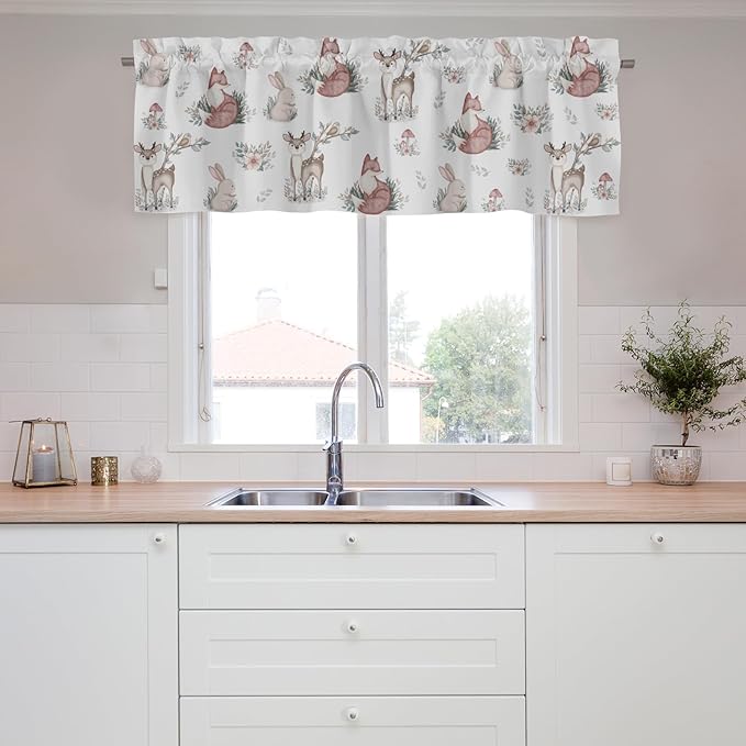 Baby Woodland Animals Leaves Mushroom Valances 54''x18'' Kids Toddler Nursery Bedroom Decor Drapes Deer Rabbit Fox Rod Pocket Short Curtains for Living Room Bathroom Kitchen Cafe 1 Pack