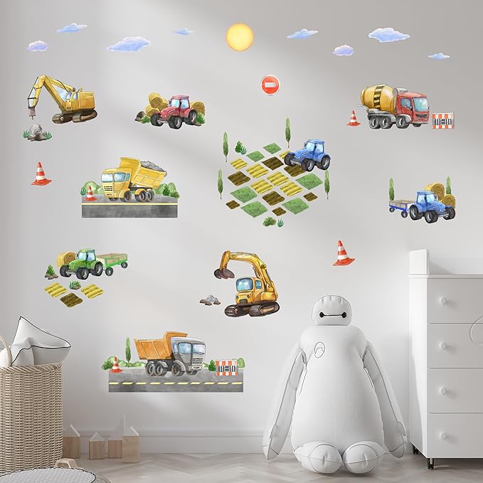 Car Wall Decals for Kids by Lipastick - Transports Wall Stickers Peel and Stick Truck Stickers – Construction Cars Wall Decals - Large Tractor Excavator City Nursery Playroom Décor S Size