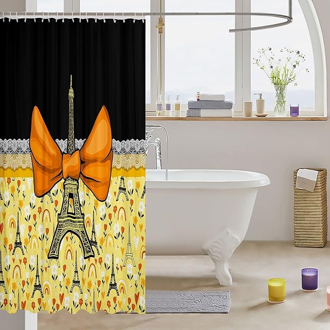Feelyou Eiffel Tower Shower Curtain 72"x84" Kids Romantic Paris Bowknot Bathroom Shower Curtain Set for Boys Girls Teens Black Yellow Bath Curtain Modern French Bathroom Accessories