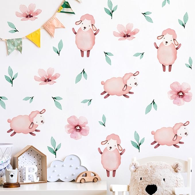 5 Sheets Cartoon Animal Wall Decal Removable DIY Pink Sheep Wall Decal Peel and Stick Flowers and Leaves Wall Stickers Wall Art for Baby Nursery Bedroom Living Room Playroom Decor