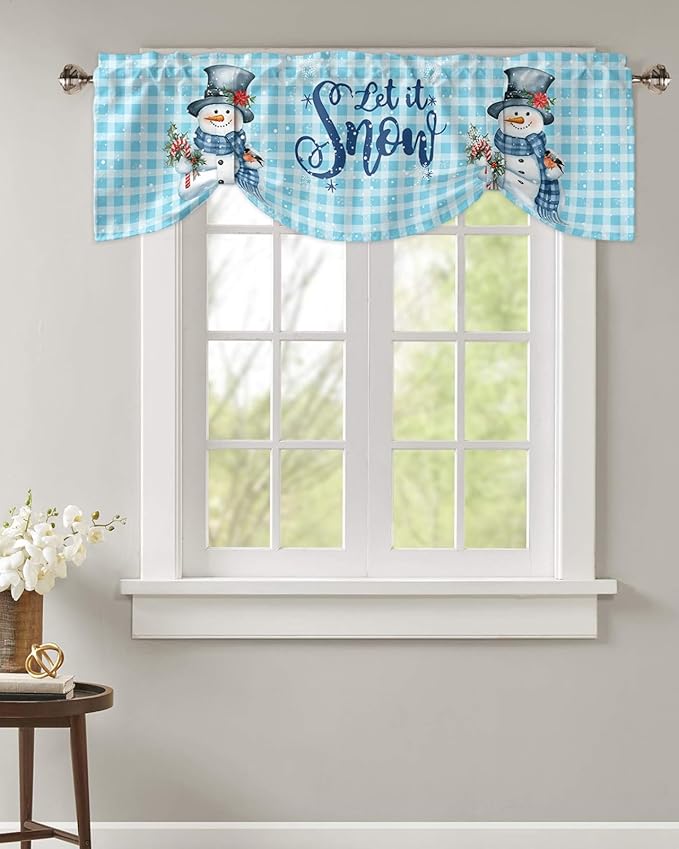 Snowman Christmas Blackout Tie Up Valance Curtains for Kitchen Windows Let It Snow Winter Holiday Window Toppers Balloon Shades for Living Room/Bath/Bedroom,1 Panel, 54" X 18",Blue White Buffalo Plaid