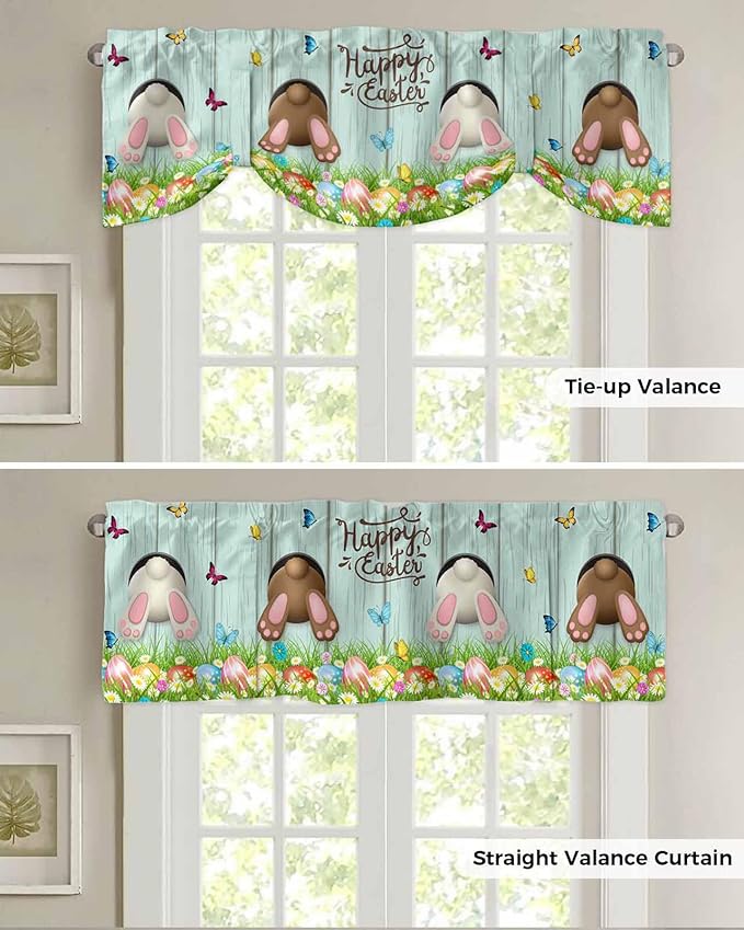 Spring Easter Blackout Tie Up Valance Curtains for Kitchen Windows Funny Bunny Tails Rabbit Window Toppers Balloon Shades for Living Room/Bathroom/Bedroom,1 Panel, 42" X 18",Floral Farmhouse