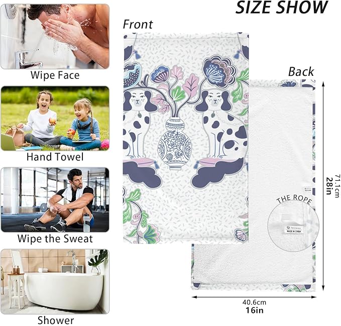 Staffordshire Dogs Chinoiserie Style Bath Hand Towel Soft Cotton Highly Absorbent Fingertip Towels for Bathroom Beach Kitchen Sports Gym Yoga Travel (2-Pieces Towel Sets, 28x16 inch)