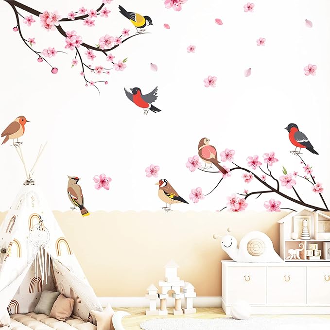 Pink Cherry Blossom Wall Decals, Flying Bird Wall Stickers, Flower and Tree Branch Wall Decor, Removable Vinyl Wall Decor Mural Art for Baby Nursery Bedroom & Living Room Sofa TV Backdrop Decoration