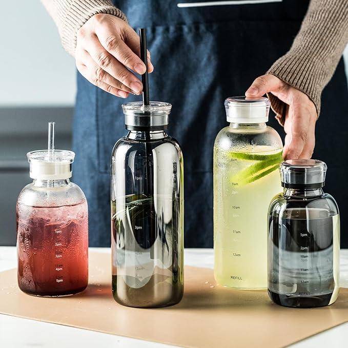 Glass water bottle With Time Marker -15oz with 2 caps and straw,Reusable Glass Drinking Bottles，Suitable For Drinks, Juices, Sodas, Coke, As Gifts Etc (Smoky 15oz)