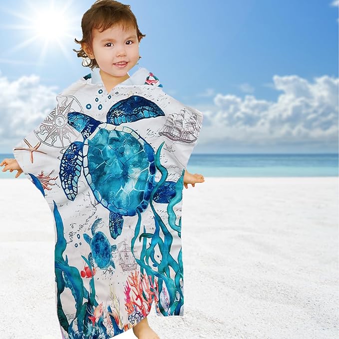Turtle Kids Bath Beach Towels with Hood for Toddlers Premium Microfiber Quick-Dry Kids Hooded Towel for Shower/Beach/Swim Bathrobe
