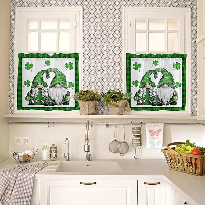 Gnome St. Patrick's Day Kitchen Curtains and Valances Set, Buffalo Plaid Shamrock Window Tiers Seasonal Spring Holiday Half/Short Curtains for Small Windows Cafe /Living Room/ Bedroom 54x24 in