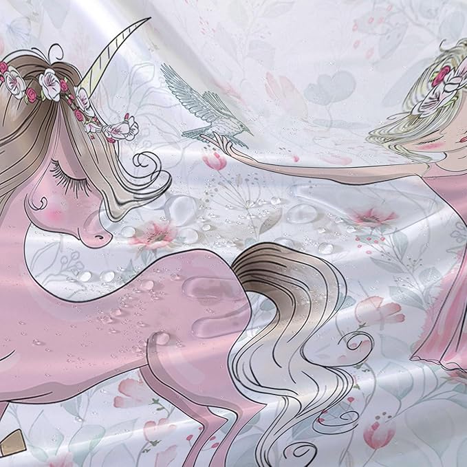 AILONEN Unicorn Shower Curtain, Cartoon Unicorn with Ballerina Girl Shower Curtain Set for Girls Teens Kids,Watercolor Pink Flowers Fabric Shower Curtain for Bathroom,72" W*72" H