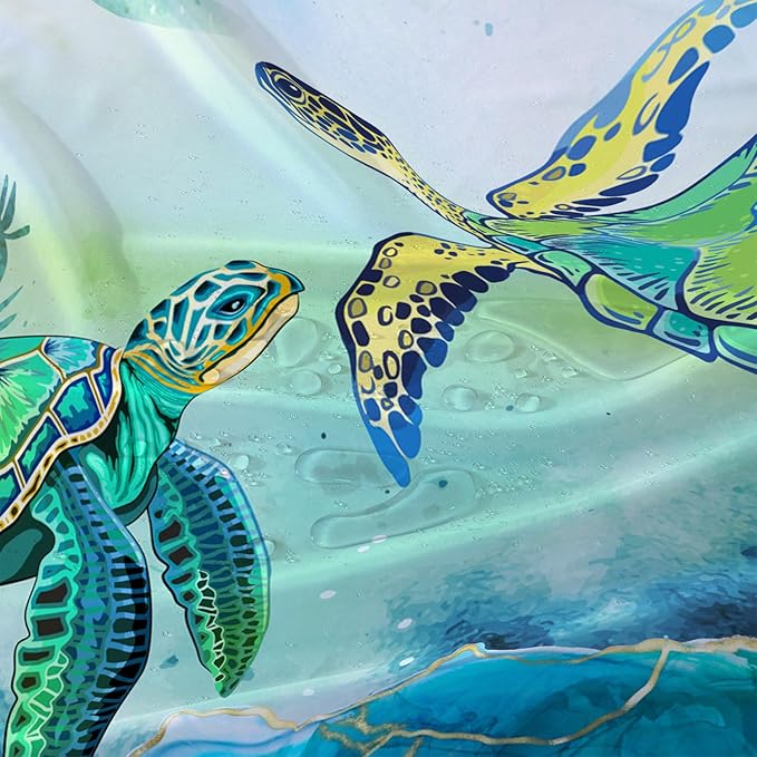 AILONEN Green Sea Turtle Shower Curtain,Cartoon Turtle and Water Plant Shower Curtain Set for Bathroom,Marble Theme Waterproof Fabric Shower Curtain with Hooks,48" W*72" H