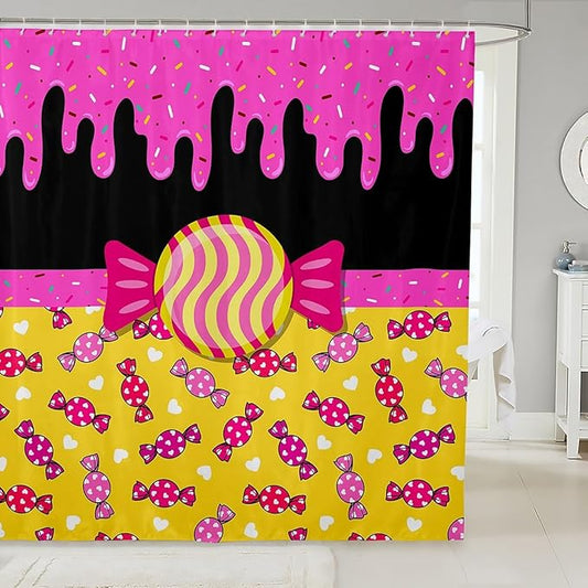 Feelyou Sweet Candy Shower Curtain 72"x84" Kids Donuts Print Bathroom Shower Curtain Set for Boys Girls Teens Love Heart Bath Curtain Black Pink Yellow Bathroom Accessories