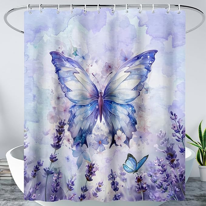 AILONEN Beautiful Butterfly Shower Curtain,Purple Butterfly Bath Curtain for Bathroom for Girls,Lavender Flower Shower Curtain,Watercolor Tie Dye Shower Curtain Set with Hooks,36" W*72" H