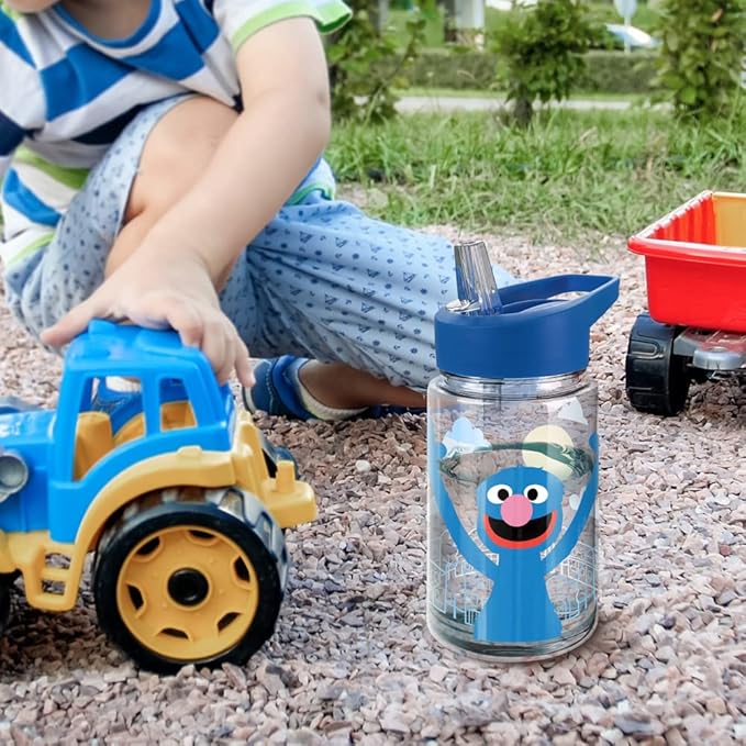 LOGOVISION Sesame Street Kids Tritan Plastic Water Bottle with Straw Lid and Handle, Reusable Tumbler for Toddlers, Unisex for Girls and Boys, 12oz, Big Grover