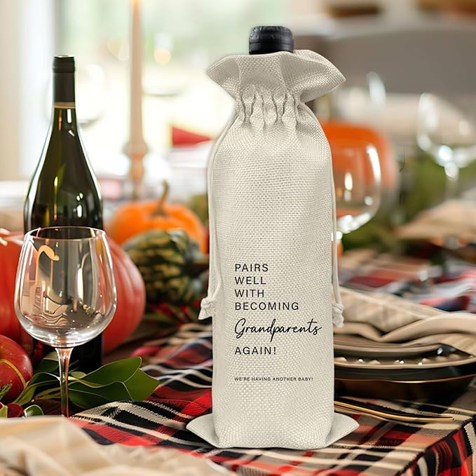 Pregnancy Announcement Wine Bag, Second Baby Announcements Gifts for Grandma Grandpa, Baby Reveal Gift, Pregnant Again, Becoming Grandparents Again Wine Gift Bag