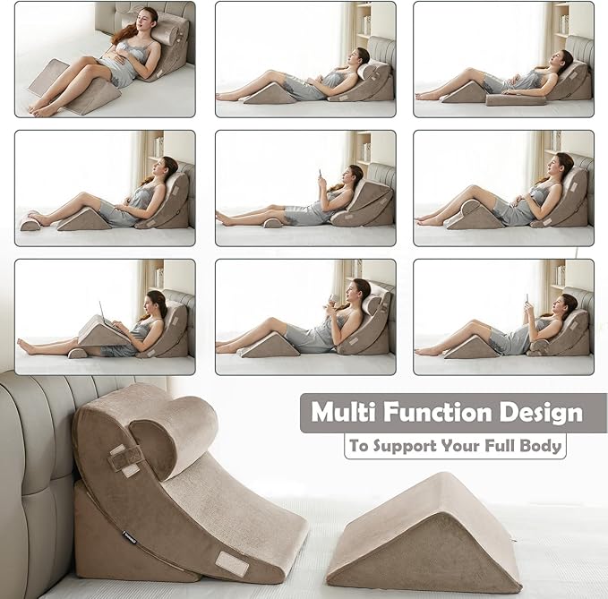 Ganaver 4 Pcs Orthopedic Bed Wedge Pillow Set – Post Surgery, Relaxing, Back & Adjustable Head Support Cushion – Triangle Memory Foam Pillow for Acid Reflux, Sleeping, Reading (Light Brown)