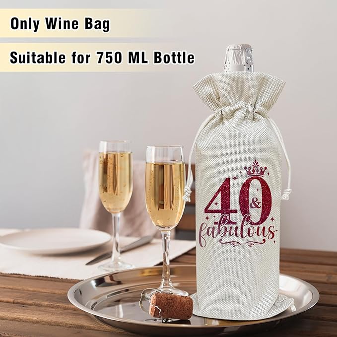 Wine Canvas Bag, 40 Year Old Birthday Wine Gift Bag, 40th Birthday Gift for Women Wife, Wine Bags for Wine Bottles, 40 & Fabulous Wine Champagne Gifts With Drawstring Birthday Party Decoration -WB02