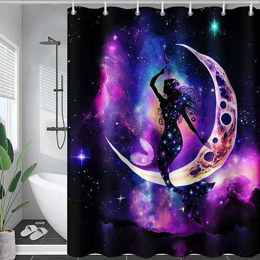 AILONEN Mermaid Shower Curtain, Galaxy Shine Mermaid Theme Shower Curtain Set,Dream Nebula and Moon Waterproof Shower Curtains for Girls Teens Kids,60" W*72" H