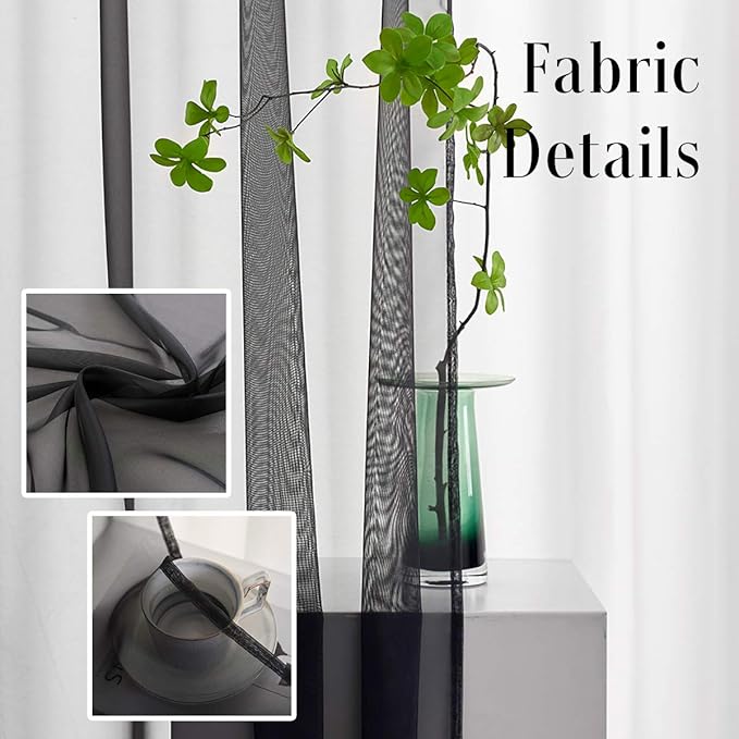 Black Sheer Voile Curtains Translucent Solid Color Window Treatment 72 Inches Long Panels Rod Pocket Black Sheers for Bedroom Living Room 2 Panels 52x72