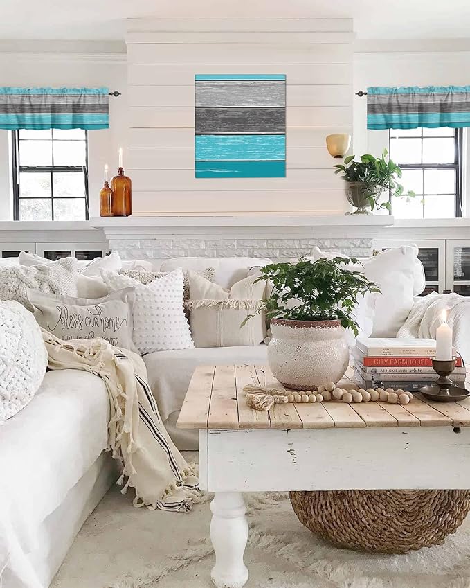 Farmhouse Kitchen Curtains Valances for Windows , Aqua Blue Gray Rod Pocket Country Window Treatment for Kitchen /Living Room/Bedroom/ Bathroom,42" X 18" -1 Panel, Retro Rustic Barn Wood Texture