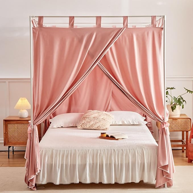 AIKASY Bean Paste Canopy Bed Curtains with Top Ties and Tie Backs for Bedroom Decoration - Queen Size Bed Curtains with Windproof and Lightproof Features