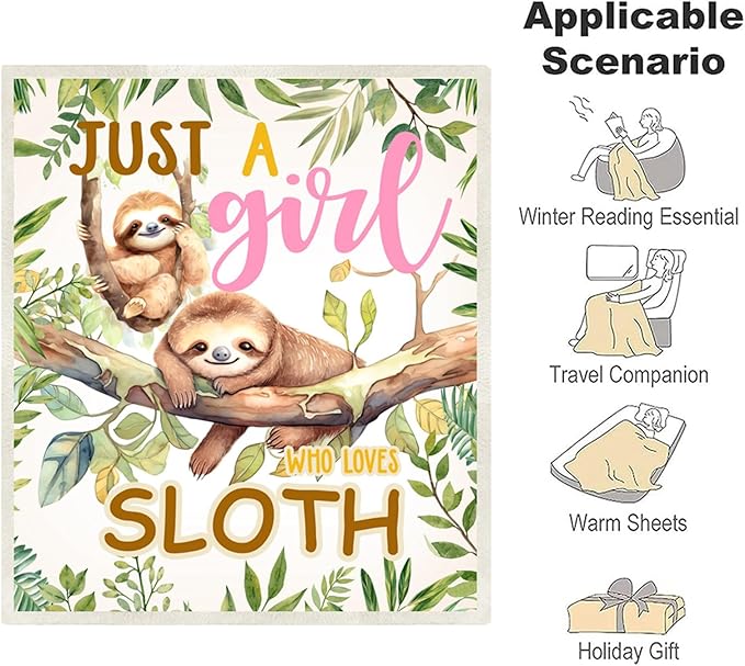 Just A Girl Who Love Sloth Blanket Cute Funny Sloth Decor Throw Blanket Gifts for Girls Boys Sloth Lover Super Warm Soft Plush Bedding Blanket (SLOTH,50"x 60")
