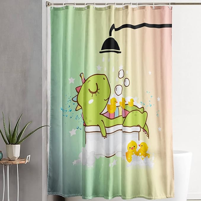 AILONEN Cartoon Shower Dinosaur Shower Curtain for Kids,Funny Green Dinosaur Shower Curtain Set with Hooks,72" W*84" H