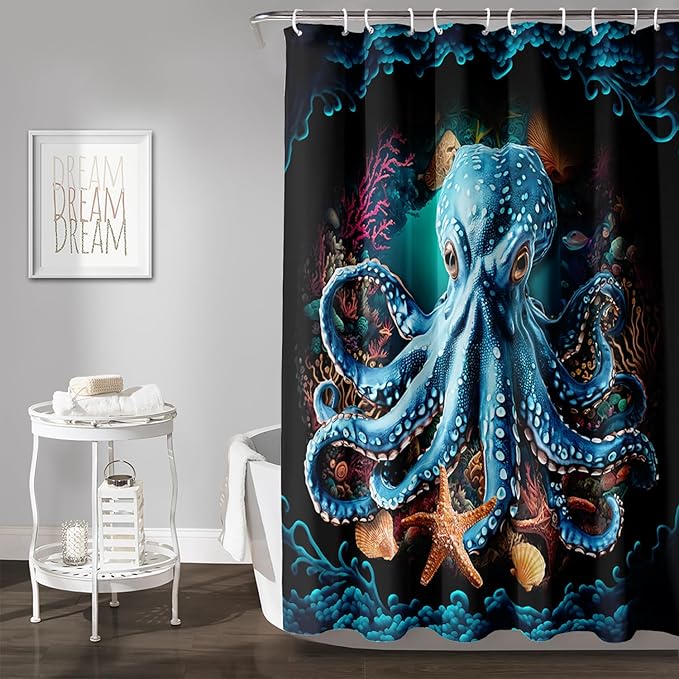 AILONEN Cartoon Blue Octopus Shower Curtain for Bathroom,Funny Octopus Bath Curtain for Kids,Boys,Girls,Ocean Animal Starfish Theme Waterproof Fabric Shower Curtain Set with Hooks,36" W*72" H