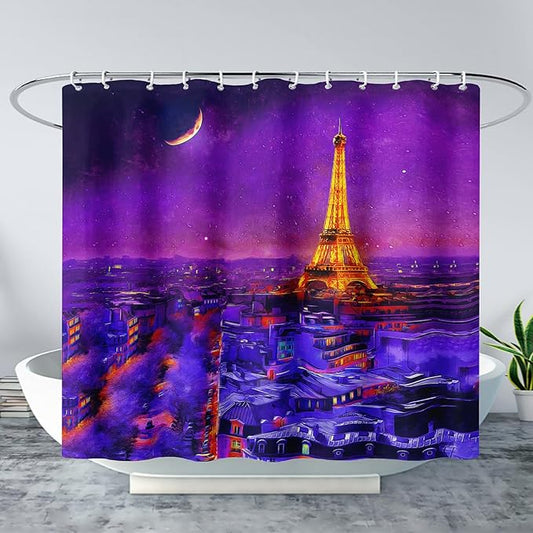 AILONEN Paris Tower Shower Curtain,Purple Glowing City Waterproof Fabric Shower Curtain for Girls Boys Kids Teens, 72" W*84" H Night Eiffel Tower Oil Painting Shower Curtain