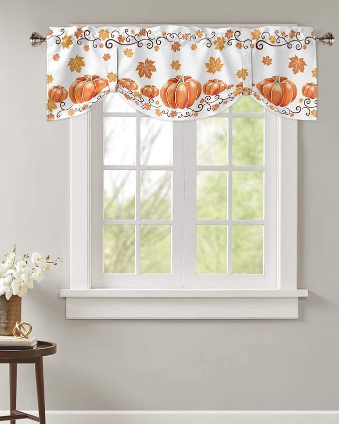Fall Maple Leaves Blackout Tie Up Valance Curtains for Kitchen Windows Thanksgiving Watercolor Pumpkins Window Toppers Balloon Shades for Living Room/Bathroom/Bedroom,1 Panel,54" X 18" Orange